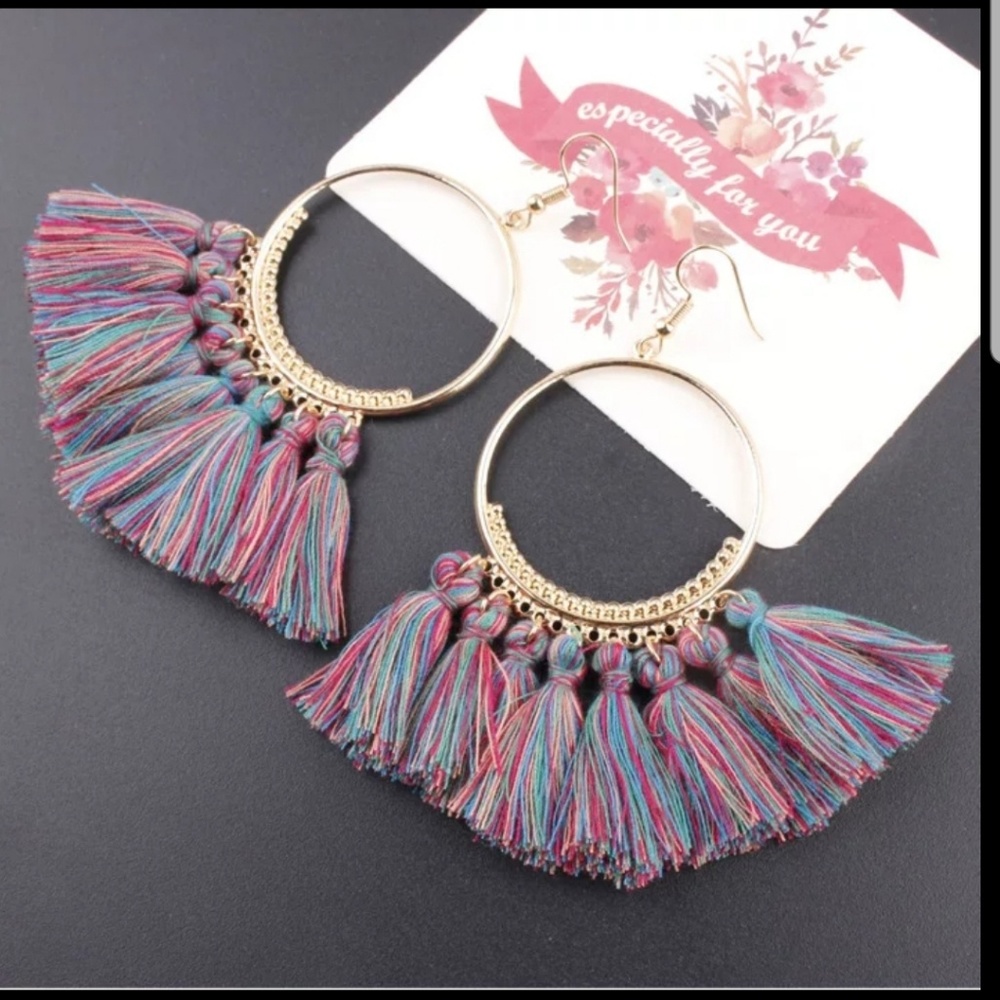 Boho Tassel Earrings Multi Colored Gold D14